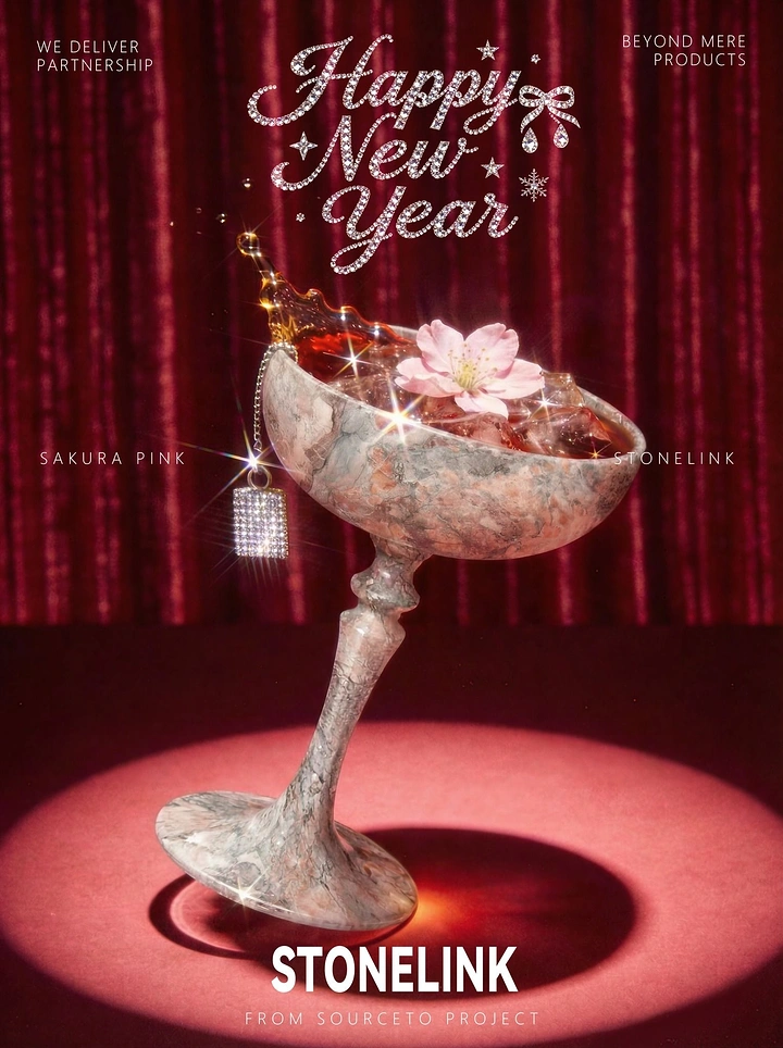 New Year creative ad: Pink marble coupe glass with splashing drink under spotlight