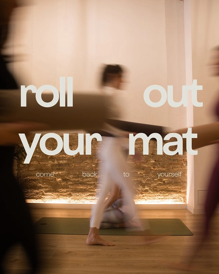 Yoga Studios creative ad: Motion-blurred people walking through a yoga studio past a kneeling practitioner