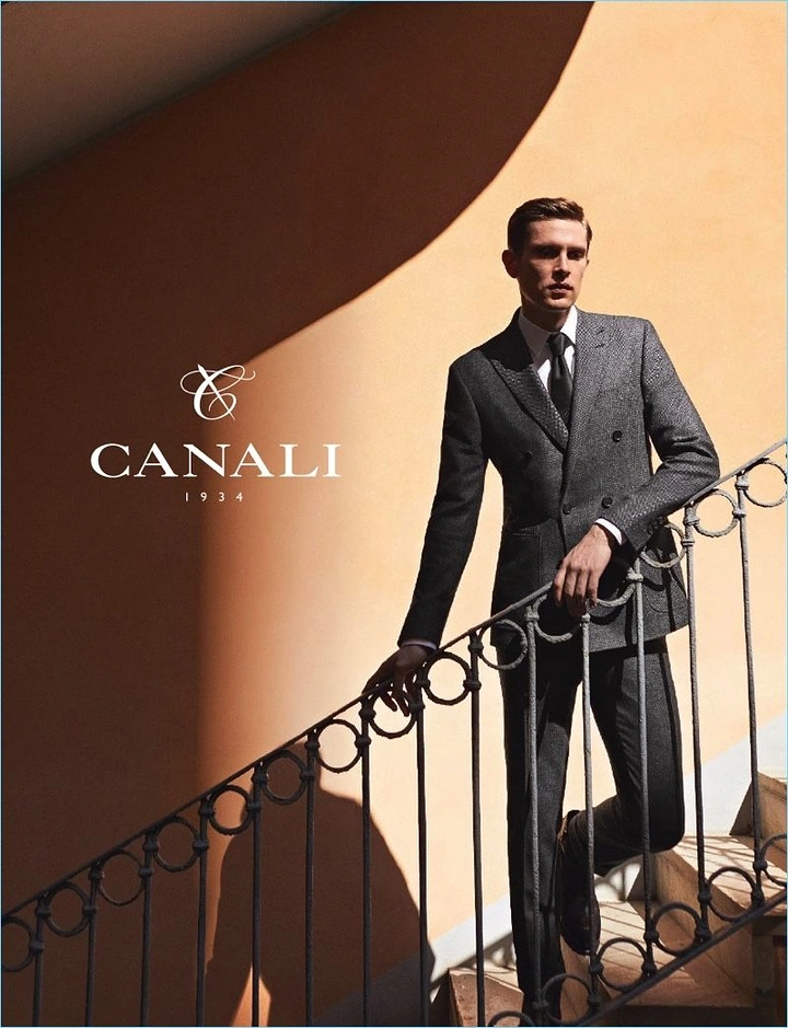 Men's Suits & Formal Wear creative ad: Canali suit framed by staircase