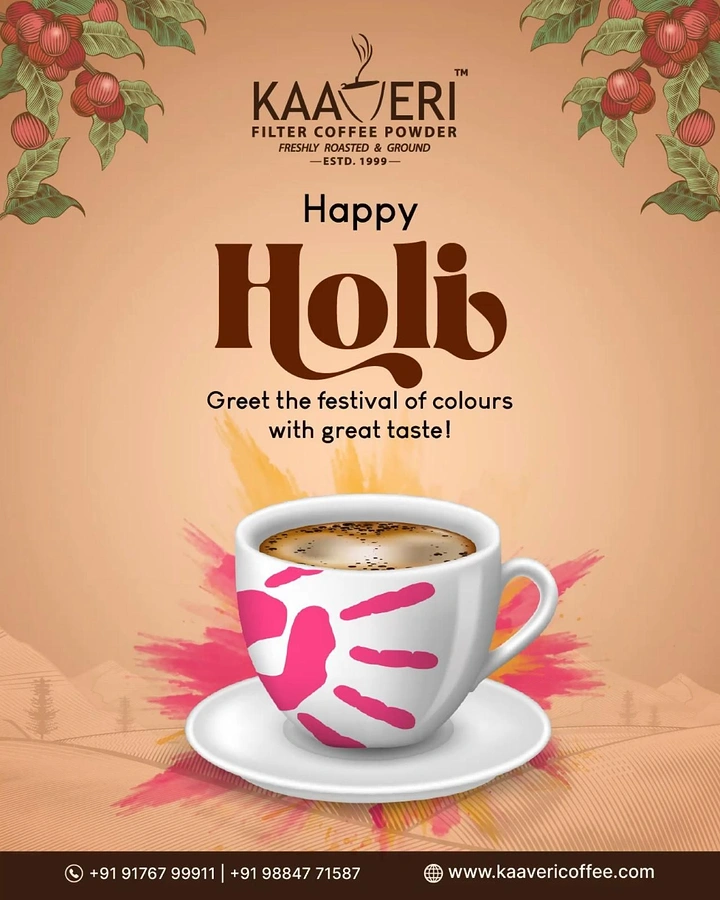 Holi creative ad: White coffee cup with pink Holi handprint on a colour burst