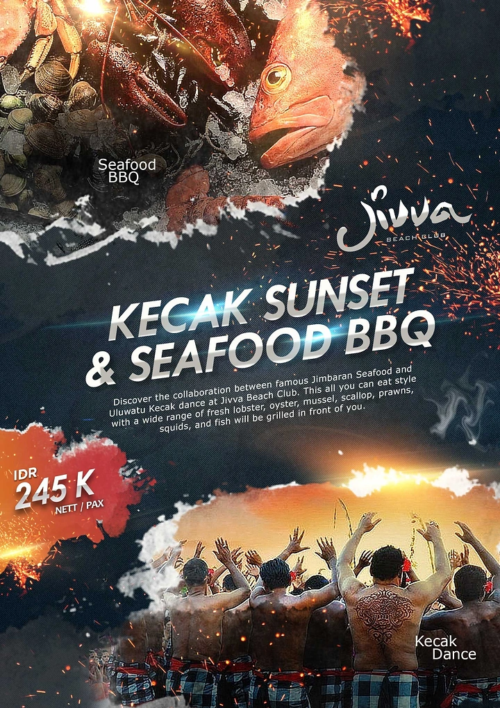 Seafood Restaurants creative ad: Kecak seafood BBQ with energetic collage