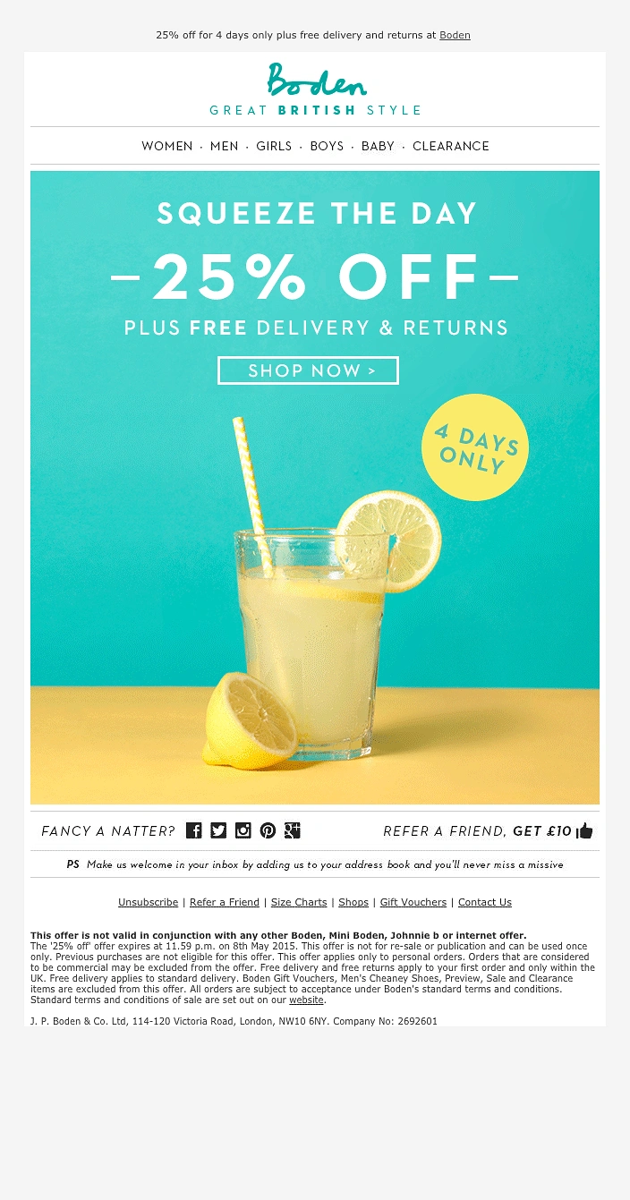 Kids Clothing creative ad: Glass of lemonade with lemon slices on a turquoise and yellow set