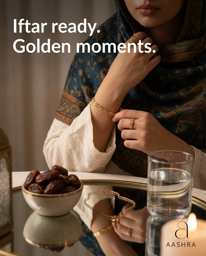 Ramadan creative ad: Woman in paisley shawl wearing gold bangle and rings beside iftar dates