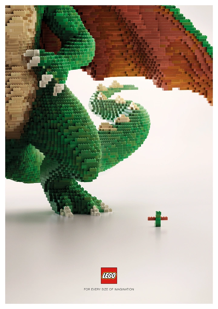 Toy Stores creative ad: Giant brick-built dragon beside a tiny brick model