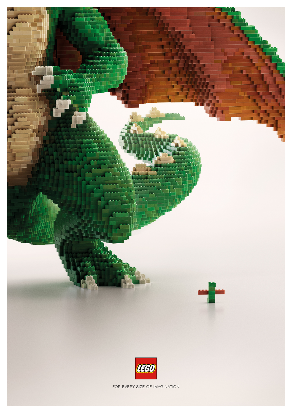 Poster: Giant brick-built dragon beside a tiny brick model