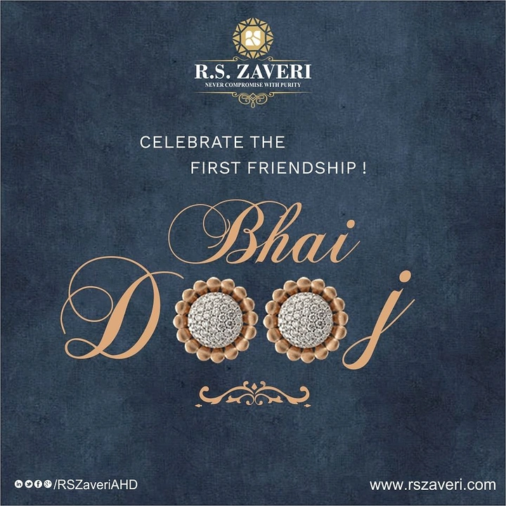 Bhai Dooj creative ad: Pair of diamond-pavé flower stud earrings forming the letters of the festival name