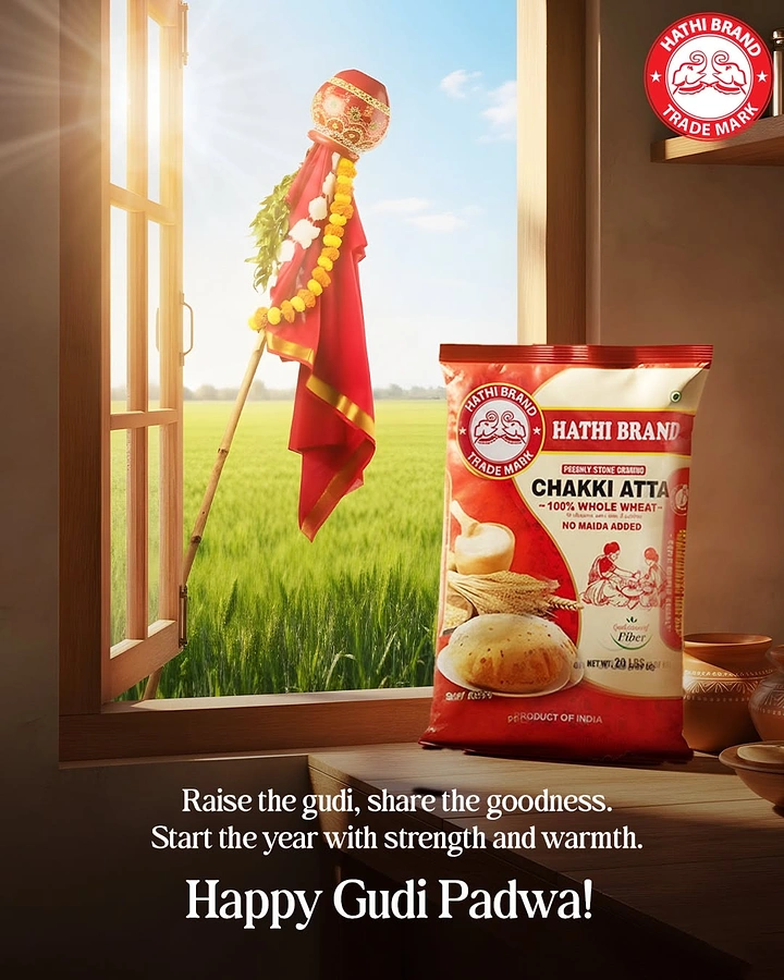other-festival creative ad: Atta pack on a kitchen sill with a gudi outside the window