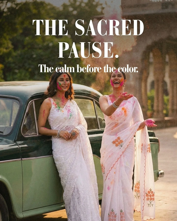 Holi creative ad: Two women in white embroidered sarees with Holi colour beside a vintage green car
