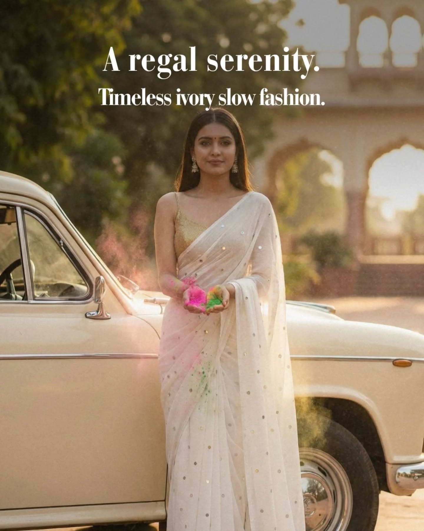 Holi Carousel: Two women in white embroidered sarees with Holi colour beside a vintage green car, slide 2