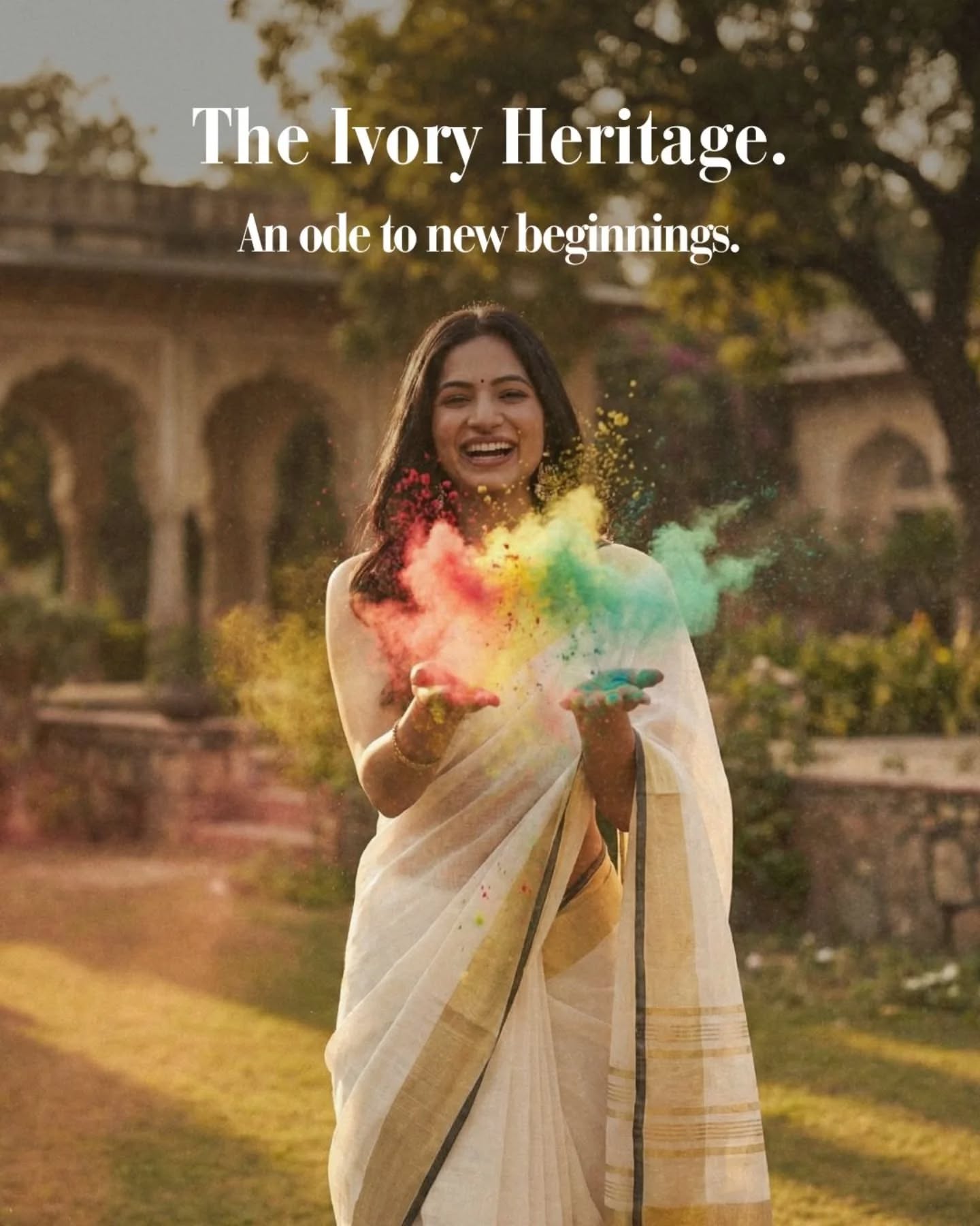 Holi Carousel: Two women in white embroidered sarees with Holi colour beside a vintage green car, slide 4