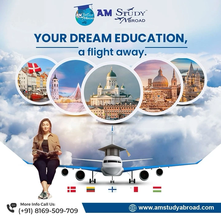 Study Abroad Consultants creative ad: Airplane and landmark bubbles visualize flight