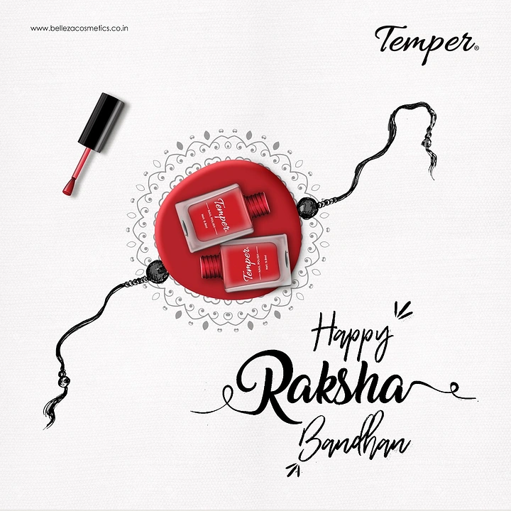 Raksha Bandhan creative ad: Red nail polish bottles forming the centre of a sketched rakhi