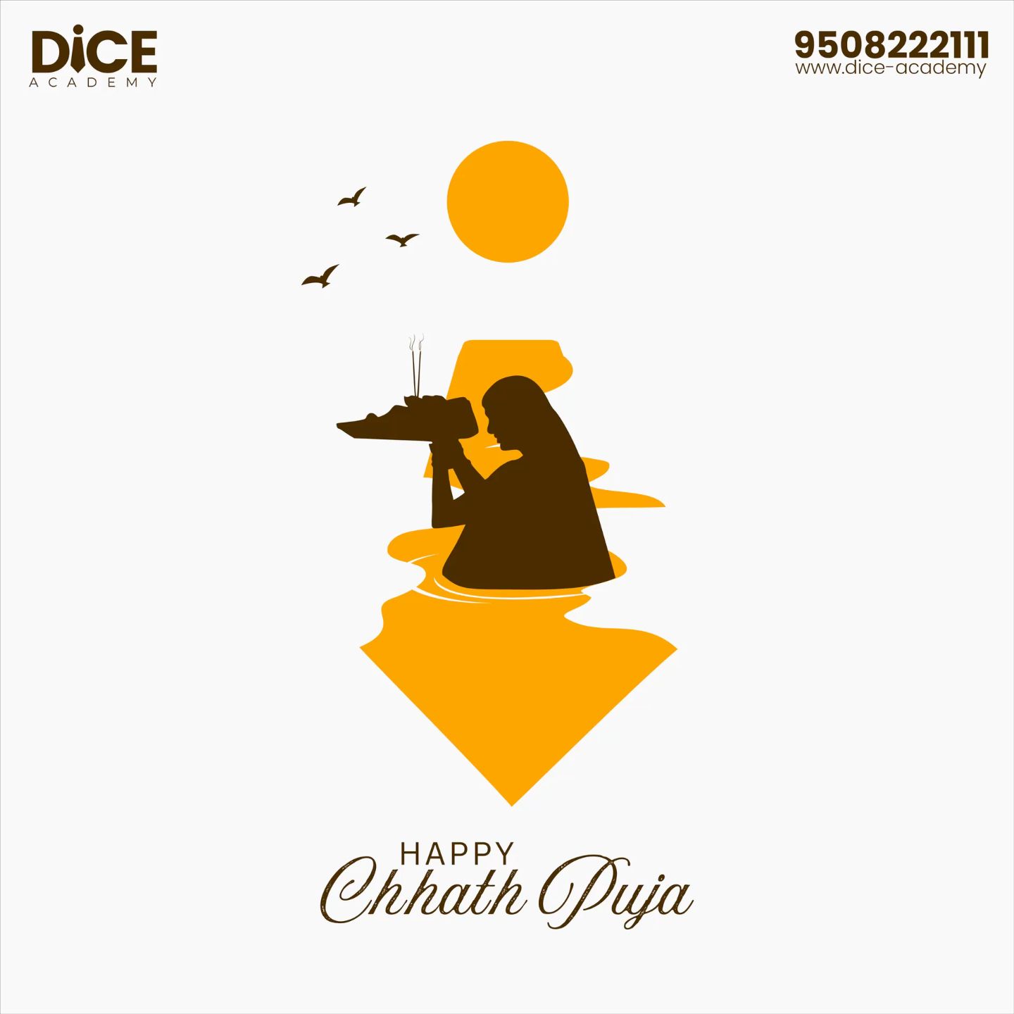 Flat silhouette of a woman offering arghya in river toward sun
