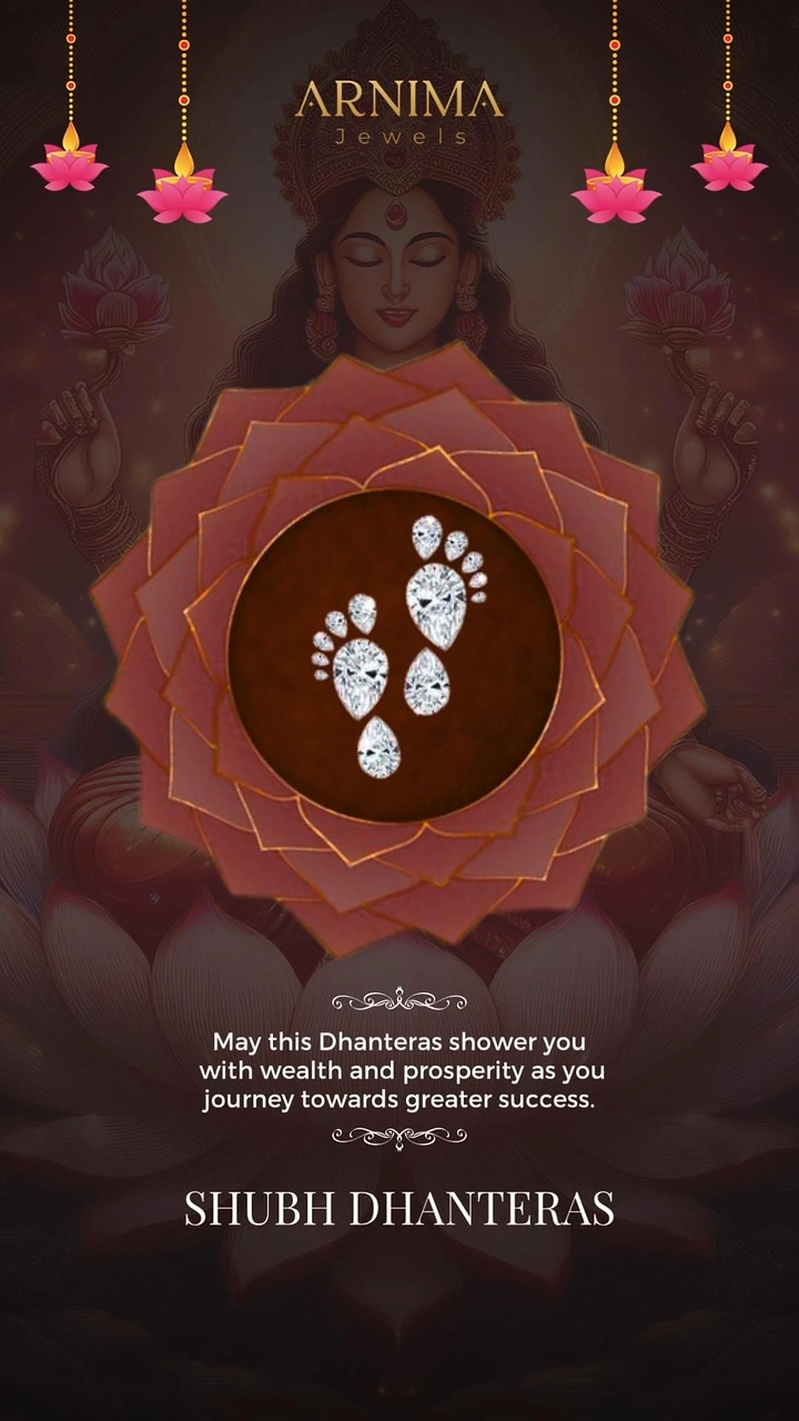 Dhanteras creative ad: Goddess Lakshmi behind a lotus medallion framing diamond footprints