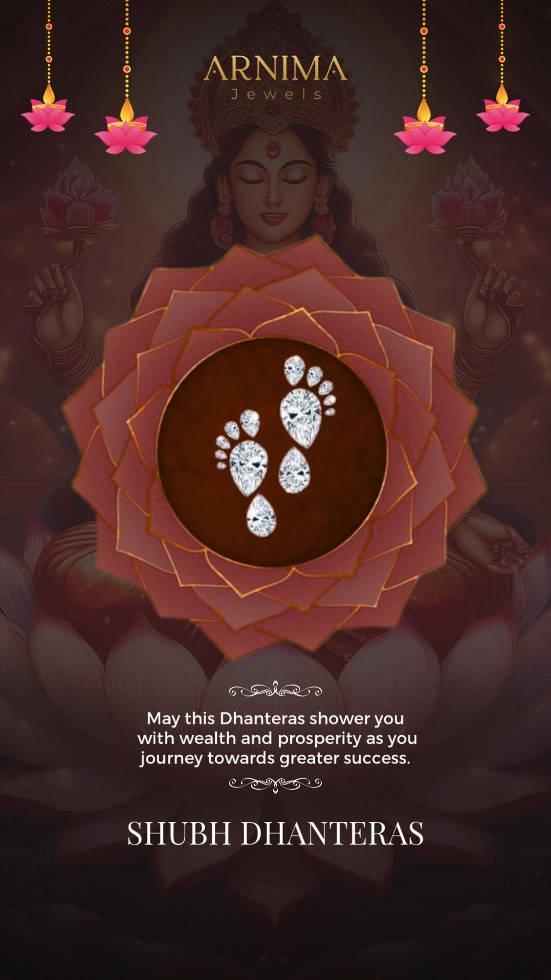 Goddess Lakshmi behind a lotus medallion framing diamond footprints