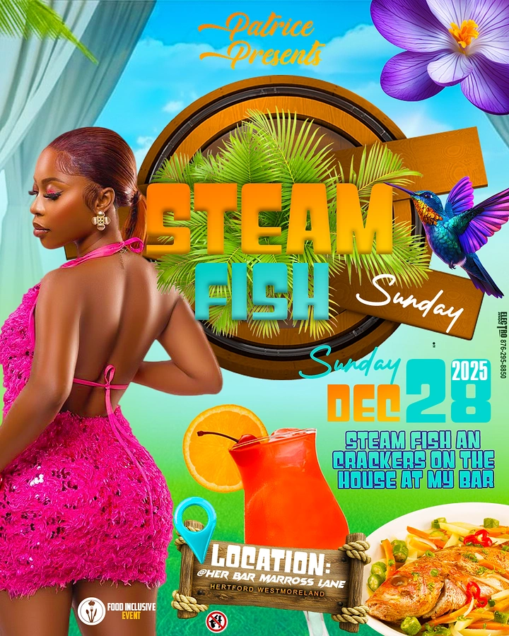 Seafood Restaurants creative ad: Tropical illustrated world around steam fish