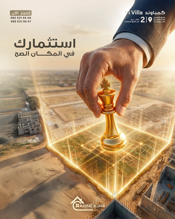 Creative ad: Suited hand placing a gold chess king on a glowing land plot