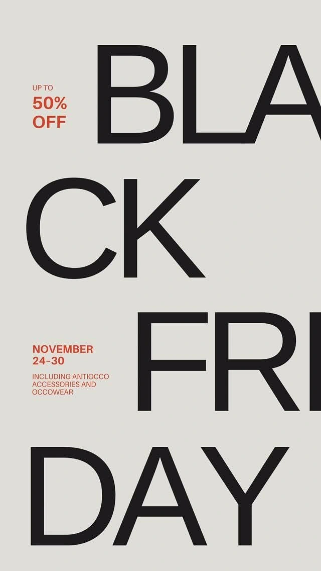 Black Friday creative ad: Giant black sans letters splitting the words into fragments