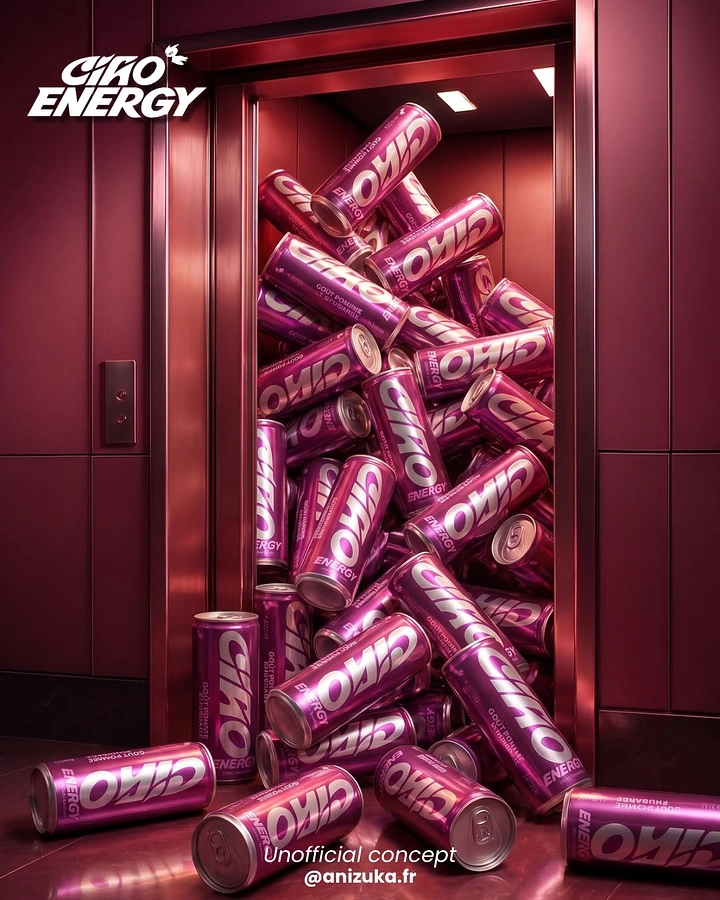 Energy & Sports Drinks creative ad: Elevator overflowing with cans is memorable