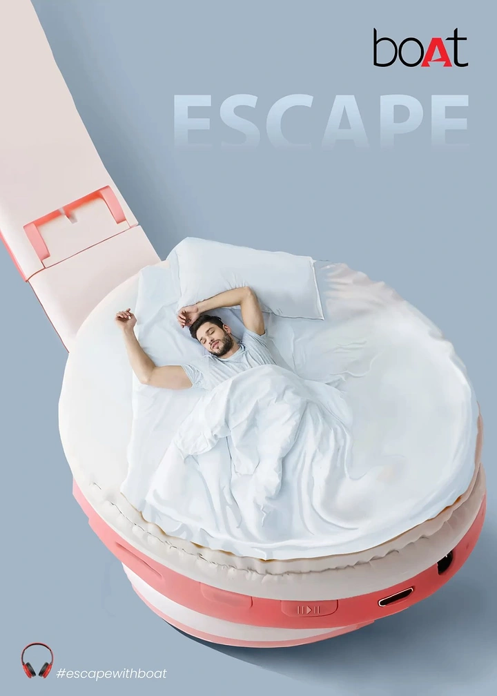 Headphones & Speakers creative ad: Headphone escape-pod visual metaphor