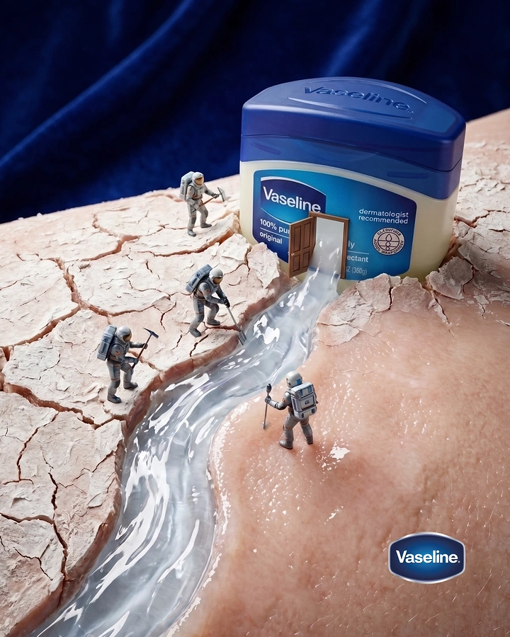 Skincare & Cosmetics creative ad: Petroleum jelly jar releasing a river across cracked dry skin landscape