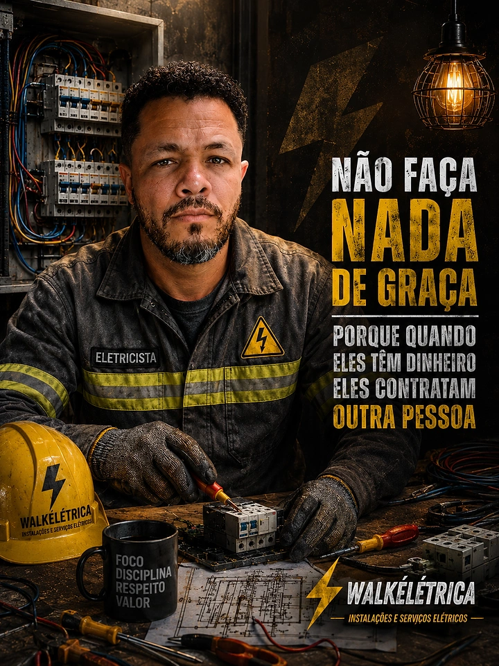 Electricians creative ad: Witty 'don't work for free' copy, gritty portrait