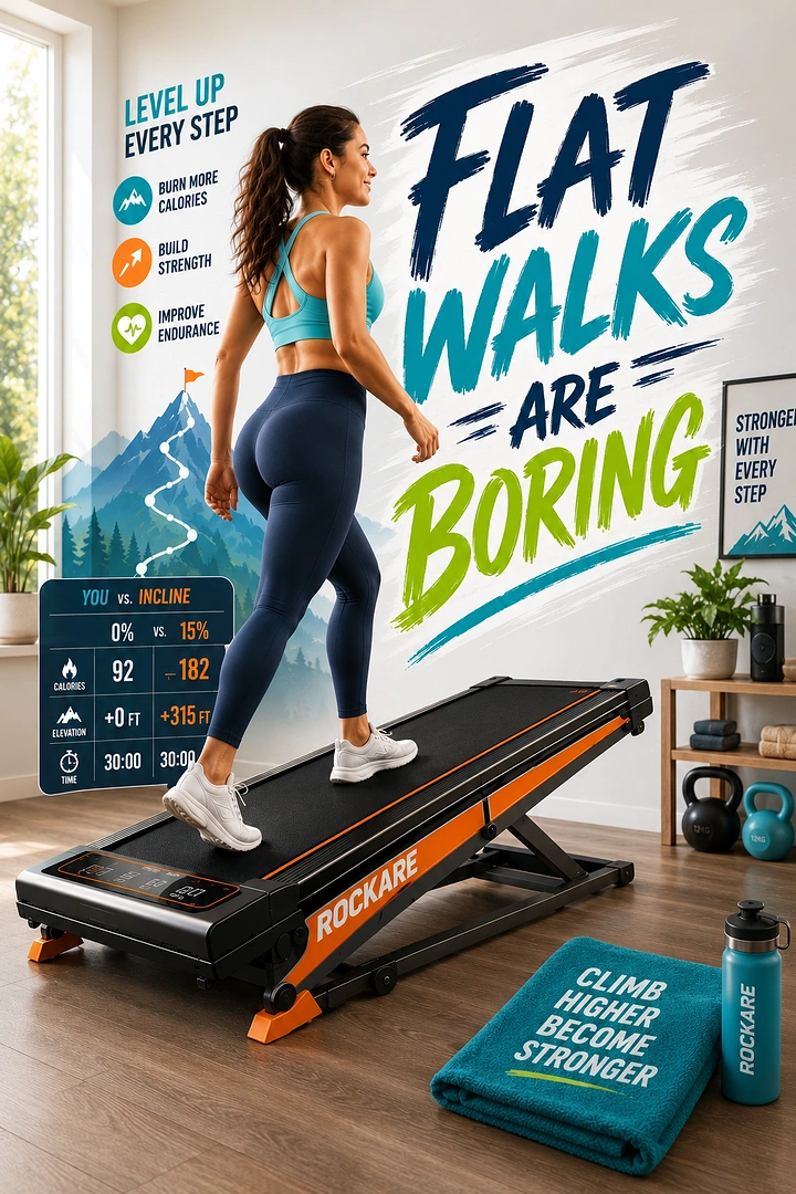 Fitness Equipment Stores creative ad: Incline treadmill defeats boring flat walks