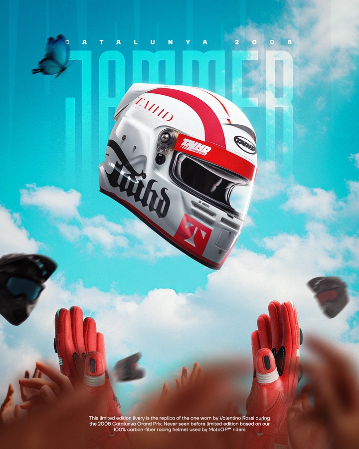 Helmets & Riding Gear creative ad: Floating helmet and gloves create motion
