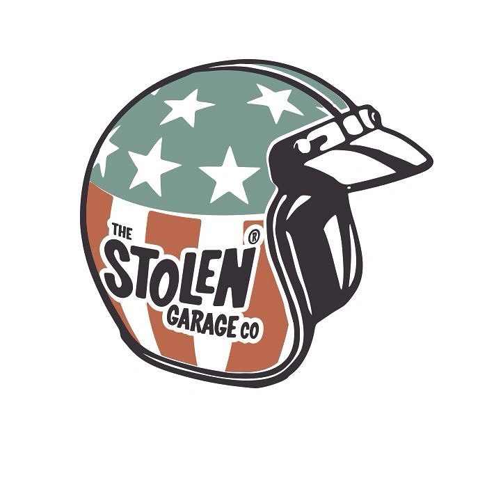 Helmets & Riding Gear creative ad: Helmet integrated into distinctive garage emblem