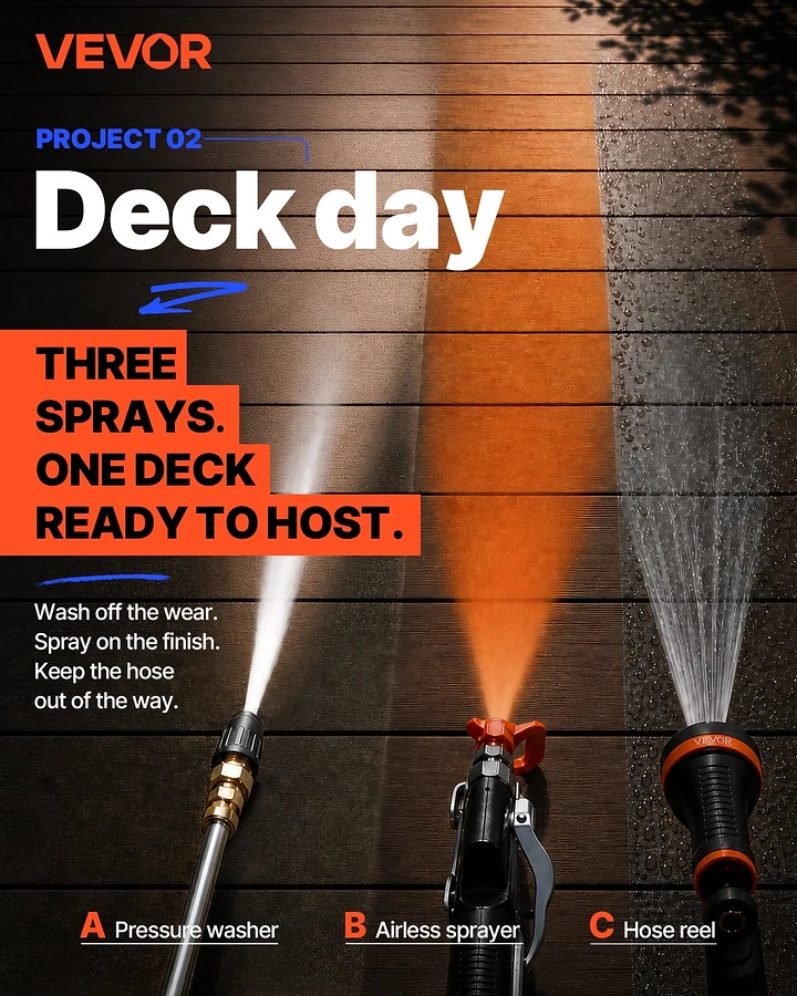 Hardware Stores creative ad: Three spray tools jetting across a dark wooden deck