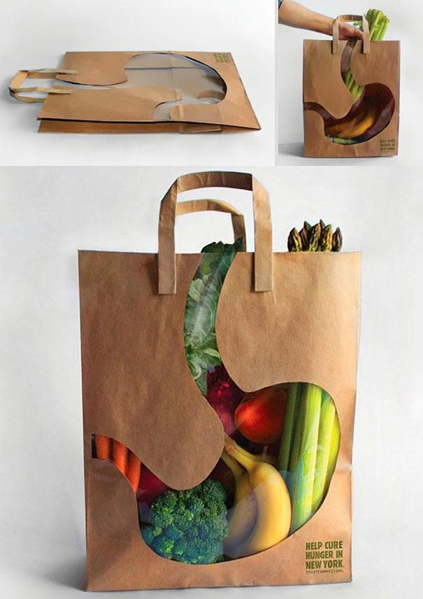 Nonprofit & Social Cause creative ad: Kraft grocery bag with a stomach-shaped cutout showing groceries inside