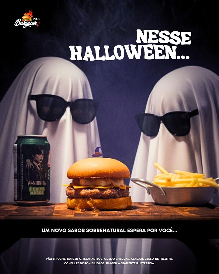 Halloween creative ad: Two sheet ghosts in sunglasses behind a burger and fries