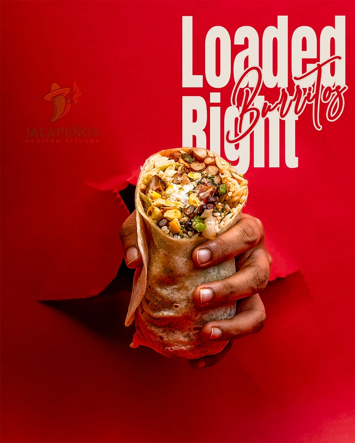 Cloud Kitchens & Food Trucks creative ad: Hand bursts through paper with burrito