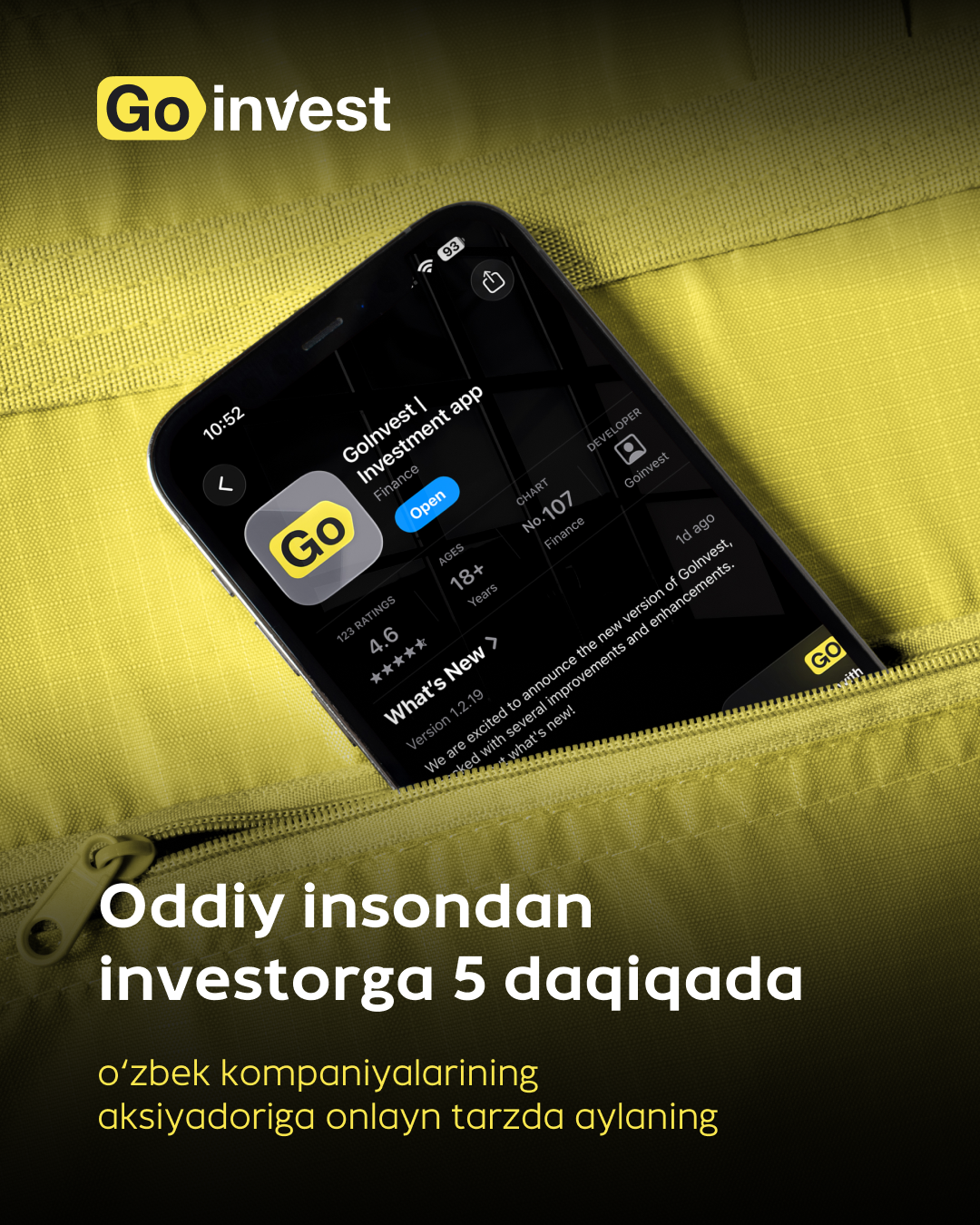 Instagram post: Phone app tucked in pocket, 5-minute investing