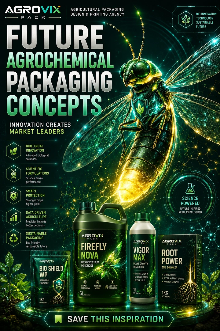Printing Shops creative ad: Glowing cyber firefly above an agrochemical packaging lineup
