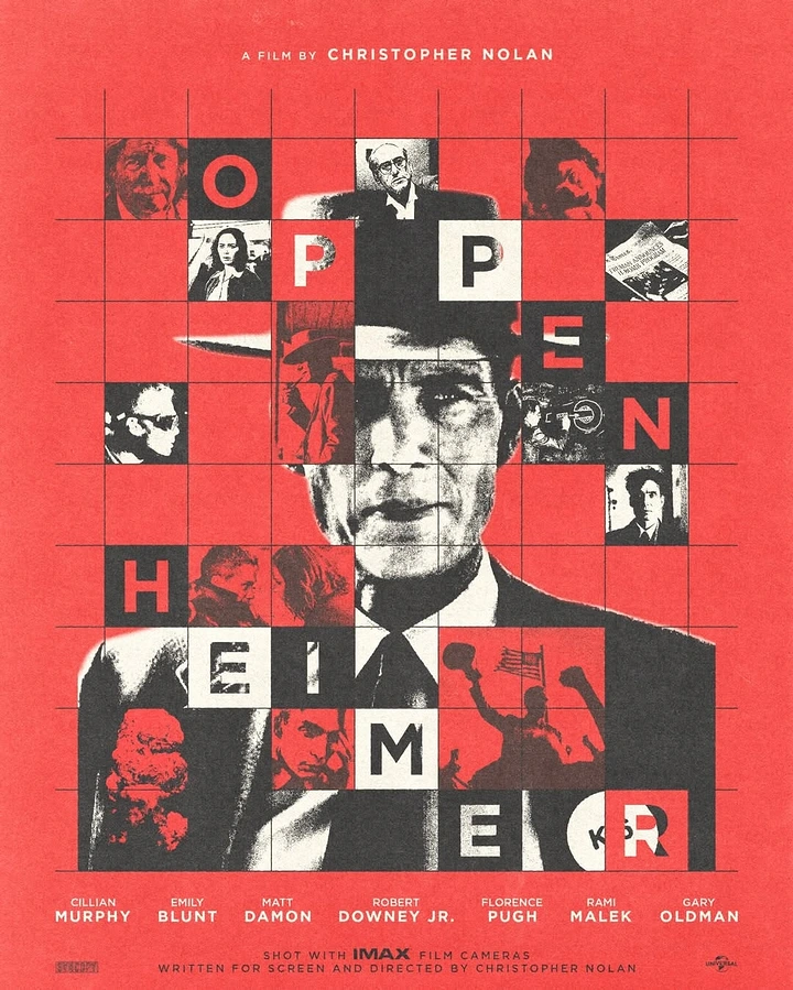 Media creative ad: Halftone portrait of a man in a fedora overlaid with a grid of photo and letter tiles