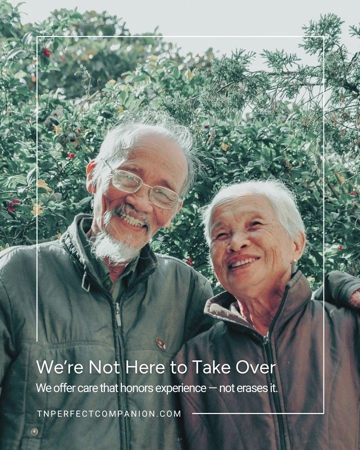 Senior Care creative ad: Restrained photo, witty 'not taking over' copy
