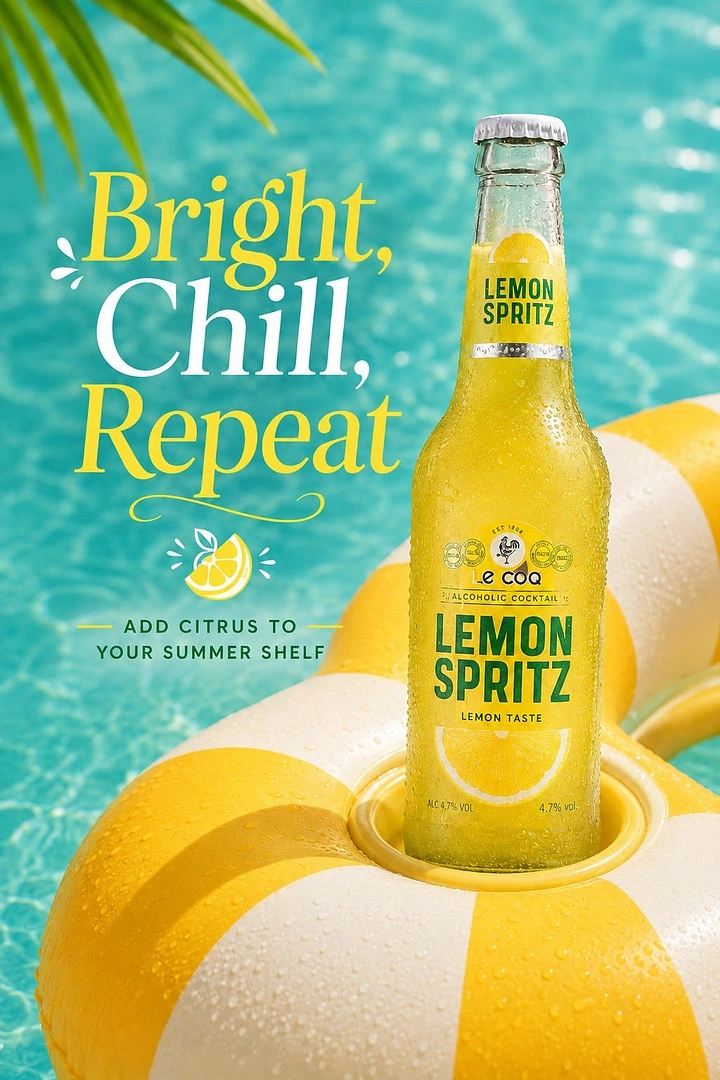 Beer, Wine & Spirits creative ad: Frosty lemon spritz bottle in a striped pool float