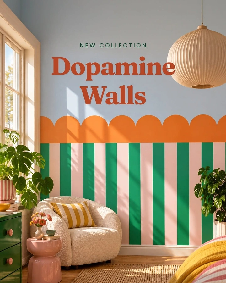 Home Decor creative ad: Colourful dopamine-inspired living room with a painted feature wall