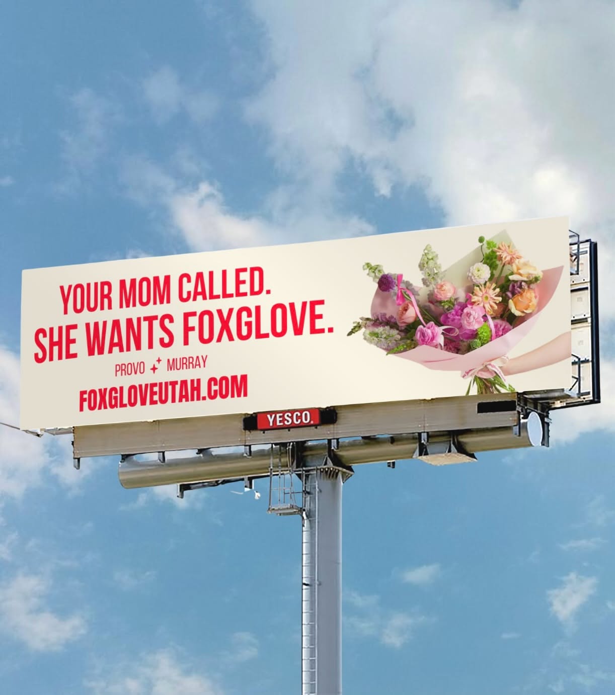 Mother's Day Banner: Wrapped pastel flower bouquet on a highway billboard