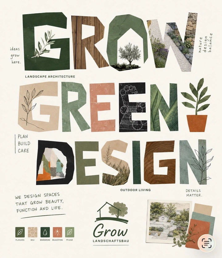 Landscaping & Gardening creative ad: Letters cut from garden textures, Grow Green