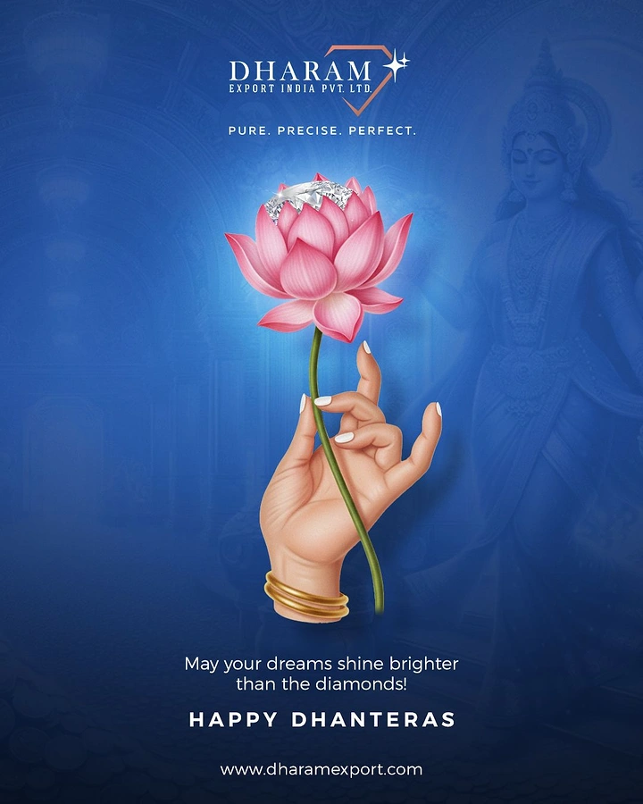 Dhanteras creative ad: Graceful hand holding a pink lotus cradling a sparkling diamond