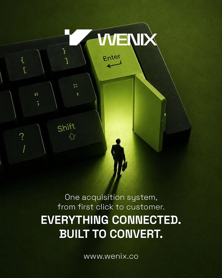 Agency creative ad: Miniature businessman entering a glowing Enter-key door