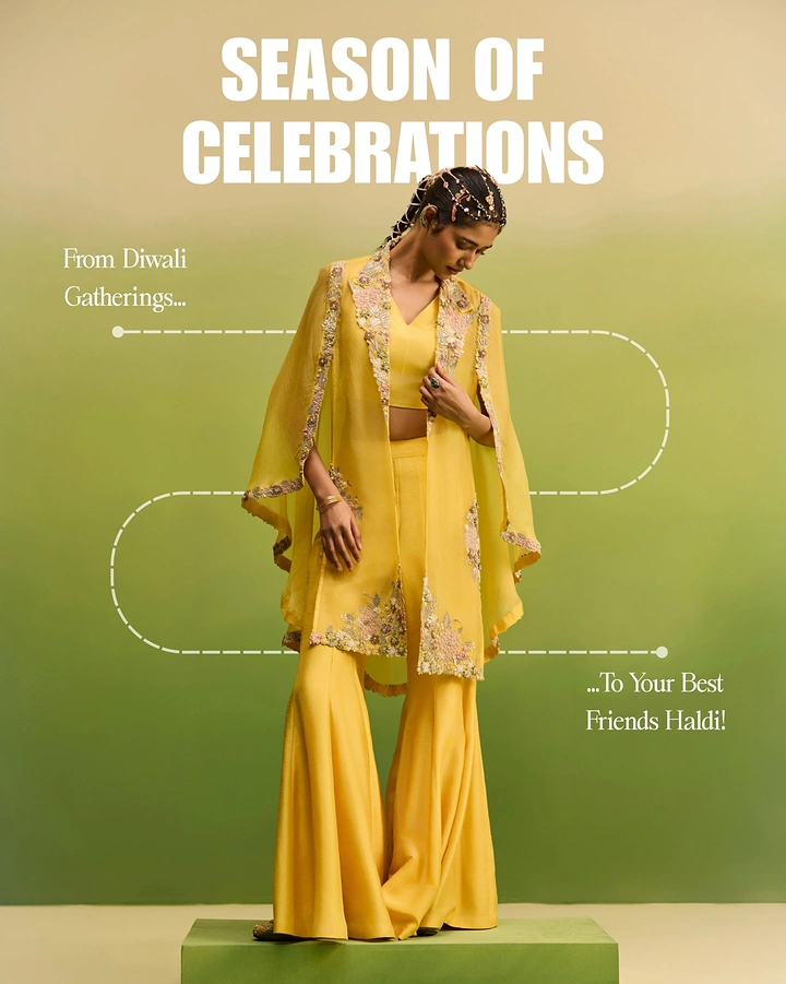 Diwali creative ad: Model in yellow embroidered cape and sharara on green plinth