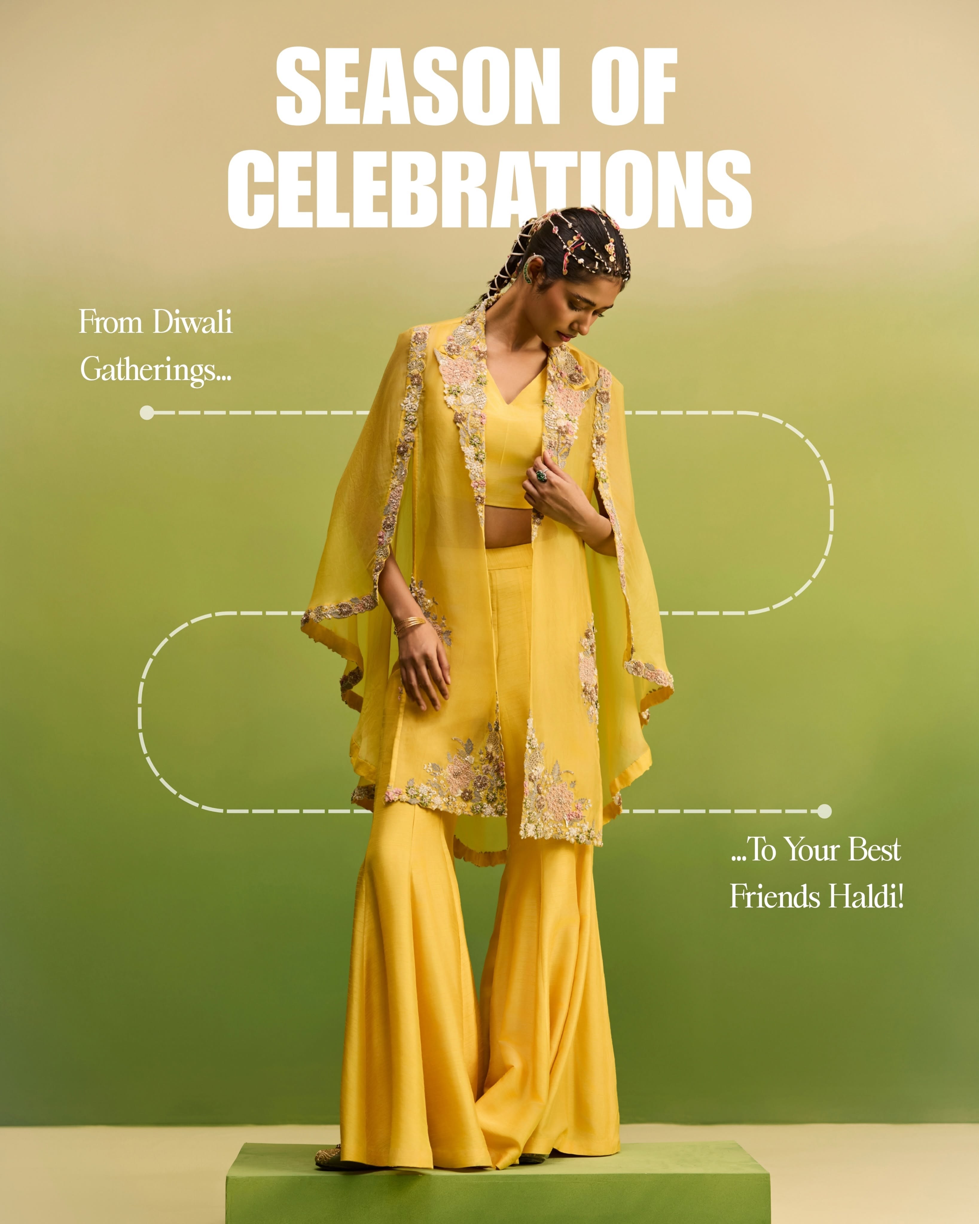 Diwali Instagram post: Model in yellow embroidered cape and sharara on green plinth