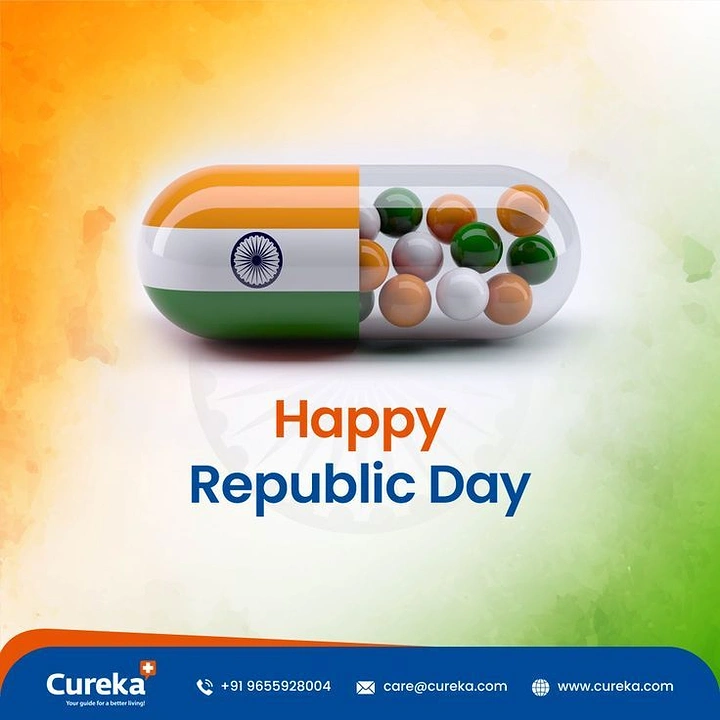 Republic Day creative ad: Glossy capsule pill with a tricolour flag shell, filled with coloured beads