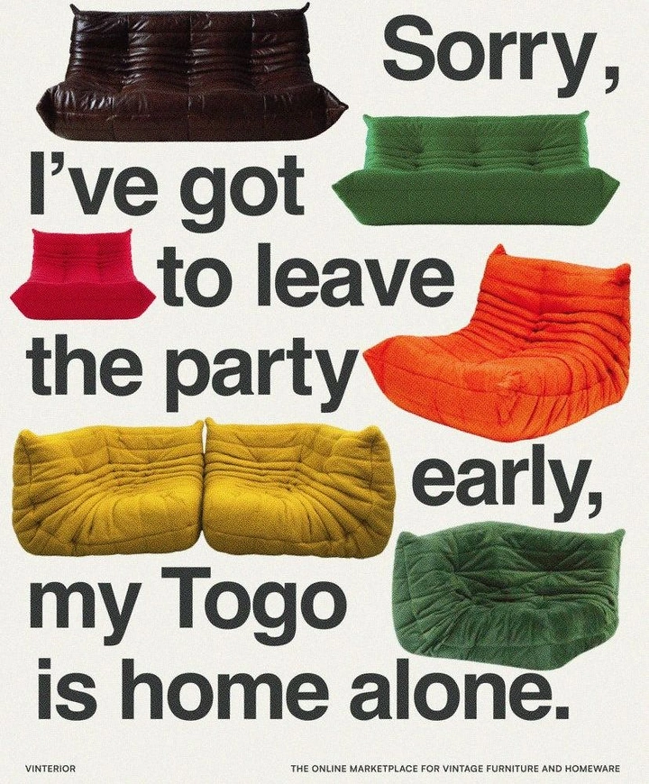 Ecommerce creative ad: Colourful vintage modular sofas interleaved with a humorous quote