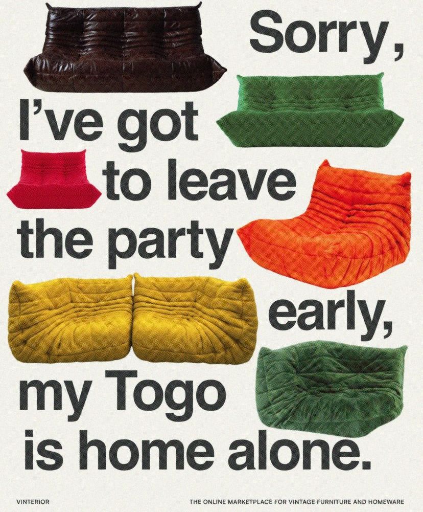 Colourful vintage modular sofas interleaved with a humorous quote