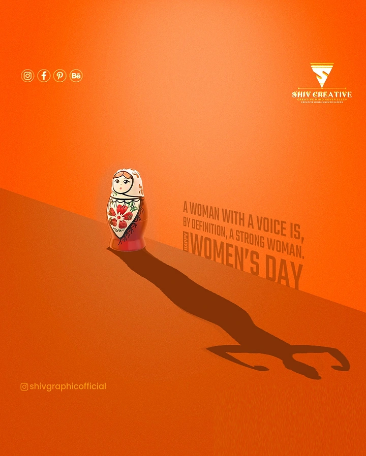 Women's Day creative ad: Small nesting doll casting a shadow of a flexing strong woman