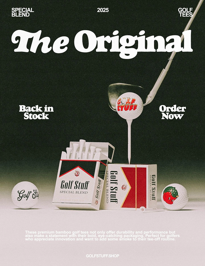 Sports creative ad: Golf tees in cigarette-pack-style boxes with golf balls and a club